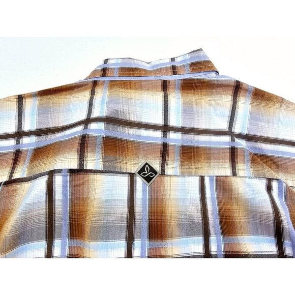 Prana Sz XL Mens Brown Gray Camel Blue Check Short Sleeve Neck Pocket Logo Shirt - Picture 7 of 13